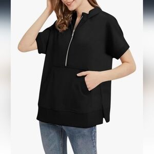 Short Sleeve Zipper Solid Hoodie for Women Loose Fit Casual Pullover Black  Sz S
